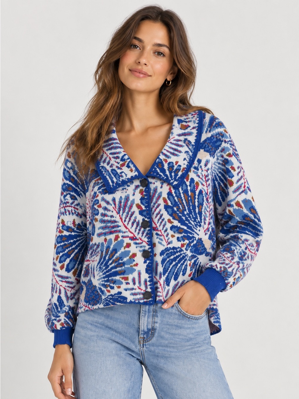 Farm Rio Blue Patterned Knit Cardigan Sweater